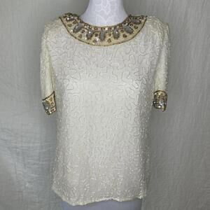 Lawrence Kazar Cream & Gold Beaded Short Sleeve Blouse – L – 100% Silk